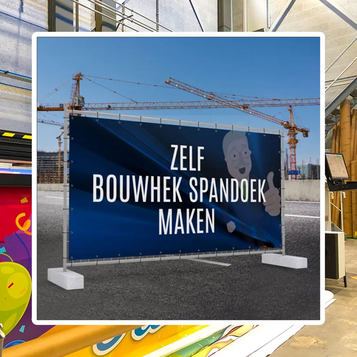 Bouwhek spandoek maken 335 x 175 cm | Ontwerp het zelf | Incl. Ringen | Voor iedere gelegenheid | Verjaardag | Abraham | Sarah | Pensioen | Welkom thuis spandoek